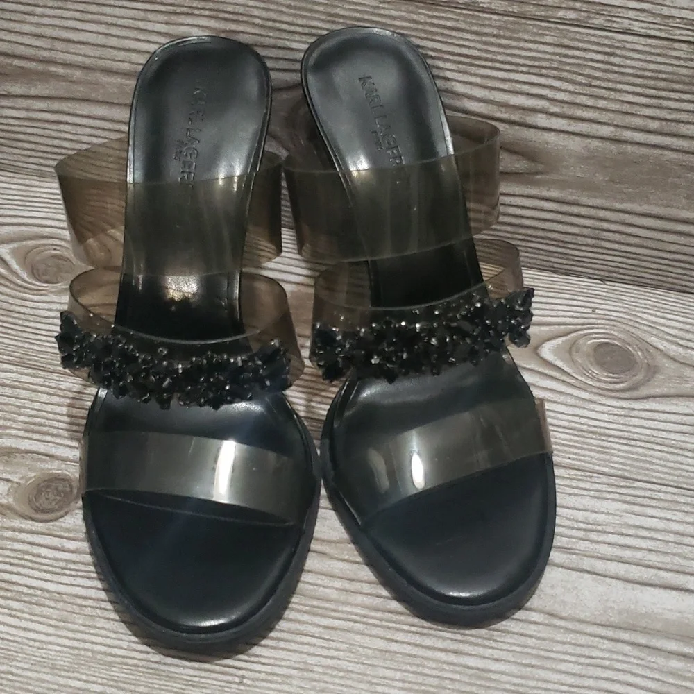 Karl Lagerfeld Brently smoke plastic straps with rhinestones high heels size 8.5